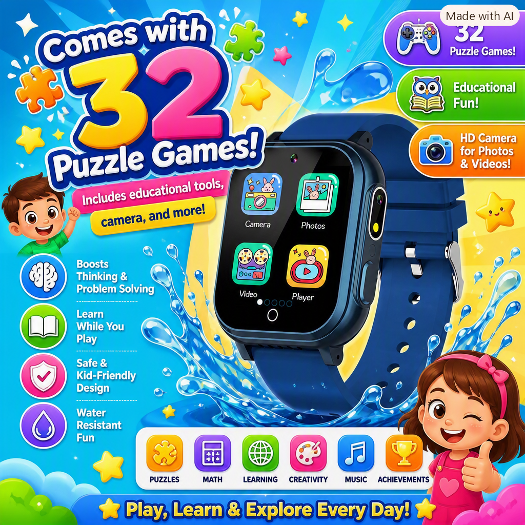 Kids Smart Watch Gift for Boys Ages 3-12 IP67 Waterproof 32 Puzzle Games HD Touchscreen Dual Camera Video Pedometer Music Player Kids Watch Toy Birthday Gifts for Boys Ages 5 6 7 8 9 10 (Blue)