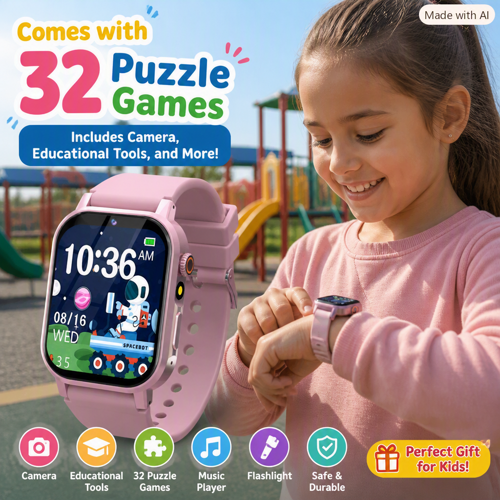 Kids Smart Watch Gifts for Girls Age 4-12 32 Games HD Touch Screen Kids Watch with Camera Video Music Player Pedometer Flashlight 12/24 hr Educational Toys Birthday Gift for Girls Ages 6 7 8 9 10